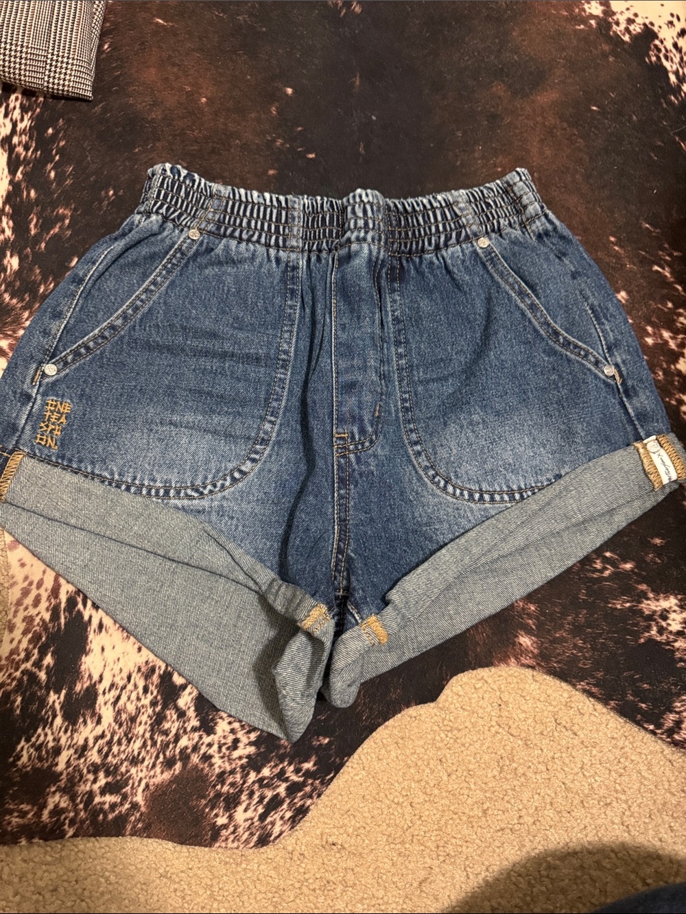 One Teaspoon Vintage-Style Blue Denim Elastic Waist Shorts